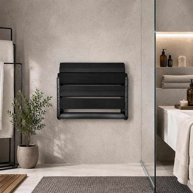 Teak Shower Seat Stainless Steel, Folding Shower Seat Wall Mounted, Foldable Shower Bench for Home Care (All-Black Wood and Stainless Steel, 13" D x 17" W x 10" H)