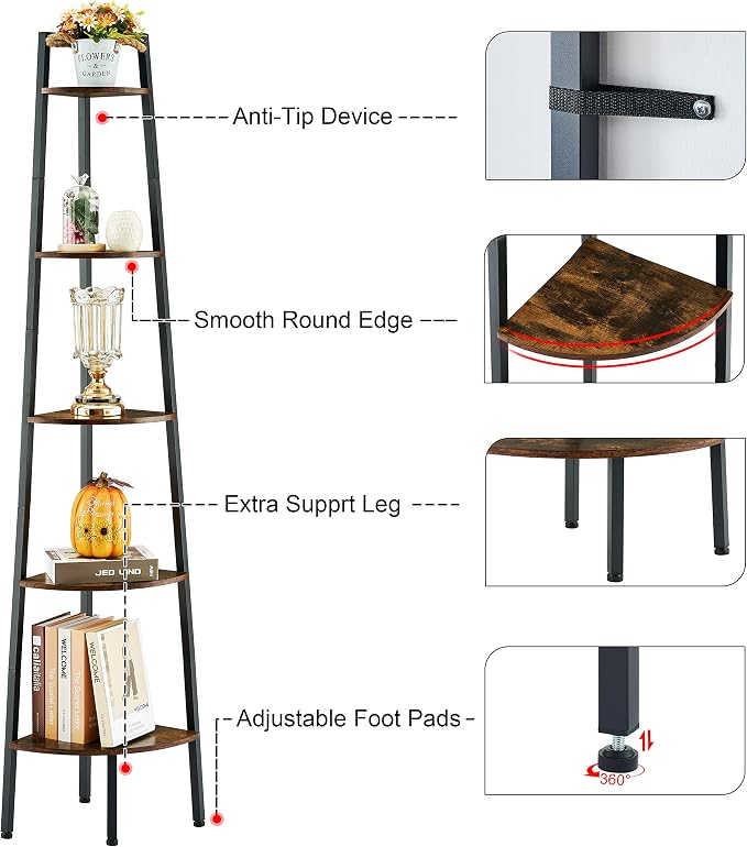 Hoctieon Corner Shelf, 5-Tier Corner Bookshelf, Rustic Ladder Shelf, Industrial Display Stand for Living Room, Kitchen, Home Office, Balcony, Small Space, Metal Frame, Rustic Brown