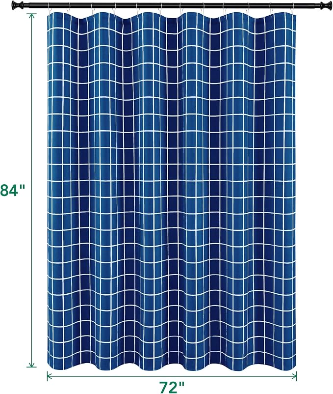 Biscaynebay Extra Long Navy Blue Shower Curtains-72x84 Inch Bathroom Modern Farmhouse Faux Linen Textured Grid Plaid Fabric Shower Curtain, Minimalist Simple Geometric Neutral Decor Machine Washable