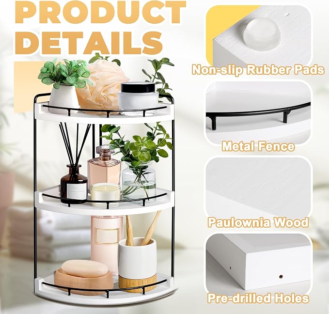 3 Tier Bathroom Counter Organizer, Bathroom Counter Tray and Vanity Organizer, Wood Corner Countertop for Kitchen, Dresser (White)