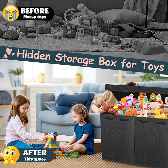 Extra Large Toy Box with Lids, Collapsible Storage Bin, 38"x16"x14",Black | Sturdy Chest Basket with Dividers for Boys & Girls, Bedroom Nursery Playroom Organization