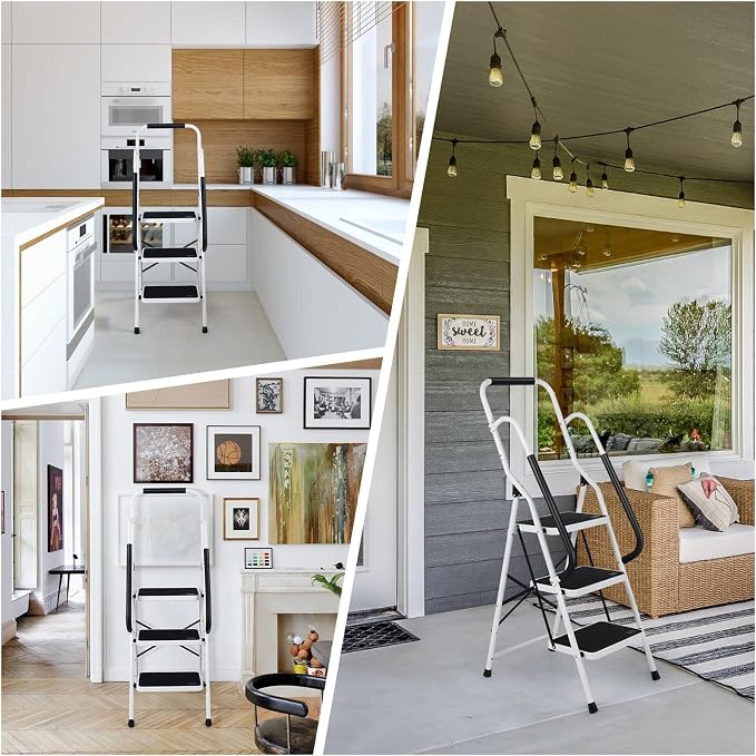 Step Ladder 3 Step Folding with Handrails, Folding Step Stool with Wide Anti-Slip Pedal, Sturdy Steel Portable Ladder, Lightweight Step Stool Foldable for Library Home Garage Office