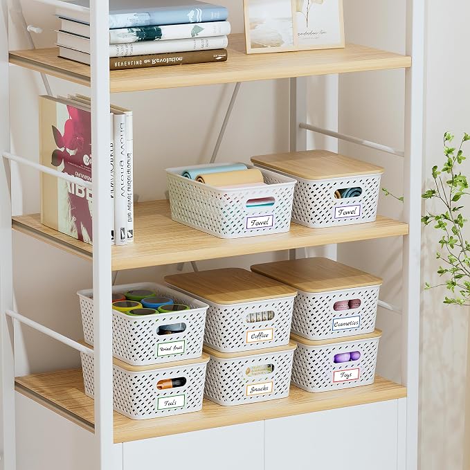 Anysig 8 Pack Plastic Storage Bins with Bamboo Lids, 5.2 QT Stackable Bins | Decorative Small Storage Basket Containers for Organizing Shelves Office Classroom Desktop Closet, Cream White