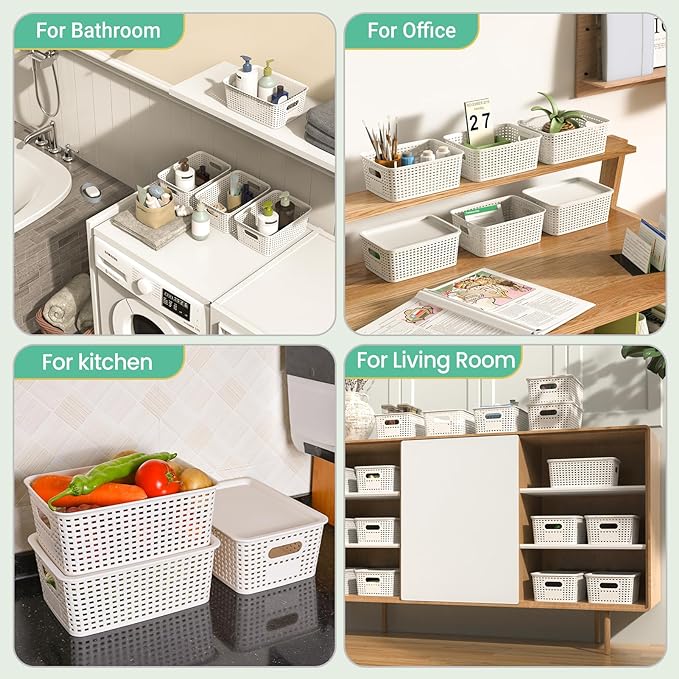 Ohmlove 8 Pack Plastic Storage Baskets with Lids for Organization | Stackable Storage bins, Storages Baskets for Organizing Shelves Drawers Desktop Closet Playroom Classroom Office, White