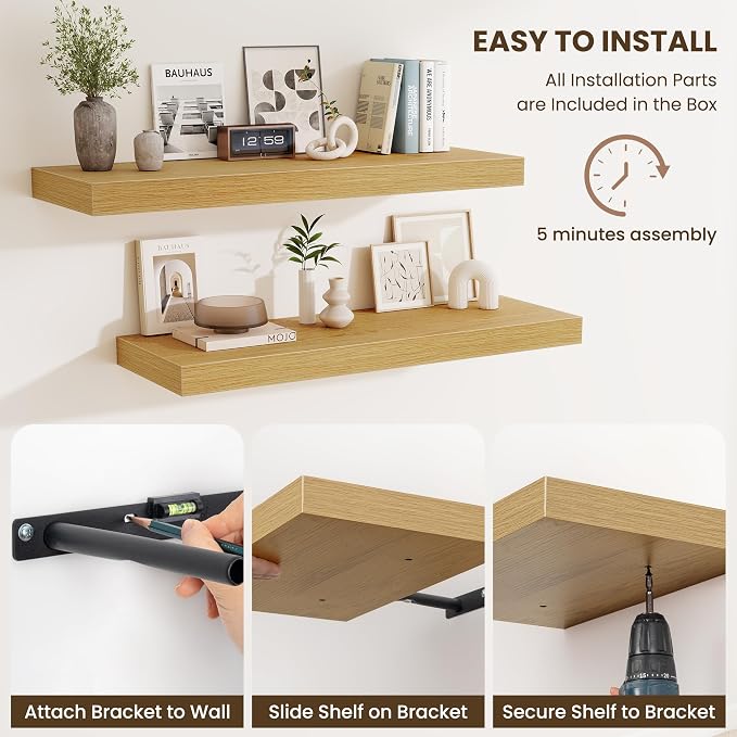 Fun Memories Floating Shelves for Wall 12 Inch, 12 Inch Deep Square Wall Shelves, Bathroom Storage Shelves Over Toilet, Wood Floating Shelves for Living Room Bedroom, Oak, Set of 2