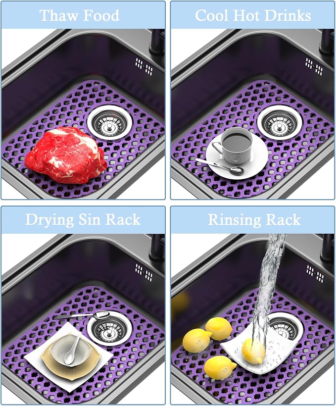 2 Pack Silicone Sink Protector Mat for Kitchen Sink Rear Drian Purple | 13-9/16" x 11-5/8" Non-Slip Heat-resistant and Durable Silicone Grid