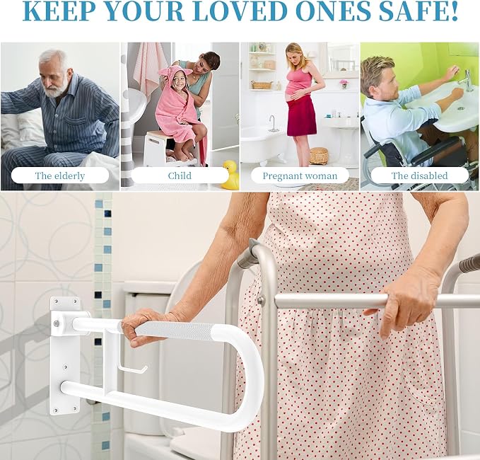 32 Inch U Shaped Toilet Grab Bars, Munzong White Flip-Up Support Rail | Anti-Slip Bathroom Grab Bar with Paper Holder Stainless Steel Knurled Handicap Safety handrails for Elderly Disabled