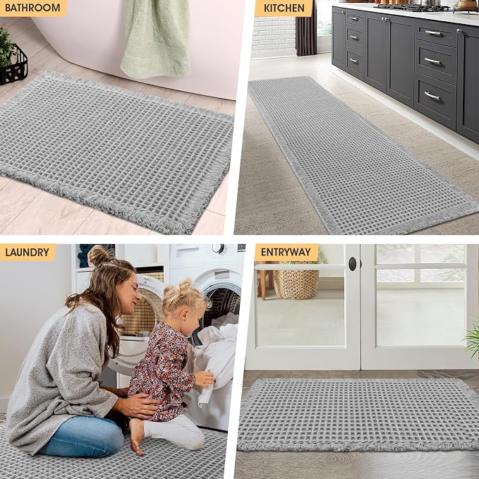 Waffle Bath Mat Set 3 Piece Light Grey,Woven Modern Bath Rug Mats, Absorbent Non Slip Bath Floor Mat, Soft Washable Boho Bath Rugs with Tassels for Bathroom, Bedroom, Kitchen,Tub