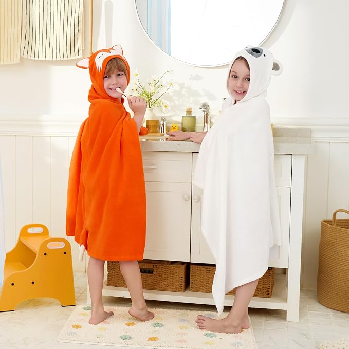 Joiedomi Hooded Towel for Kids Soft 100% Cotton Bath Beach Towel 30" x 50" for Kids 3-8 Years Toddler Pool Poncho with Hood Absorbent Swim Wrap for Boys Girls Orange Fox