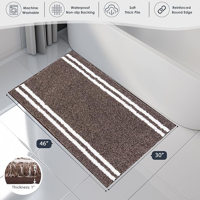 PURRUGS Bathroom Rug, Bath Mat, 30" x 46", Brown | Machine Washable, Non-Slip, Waterproof TPR Backing, Super Absorbent, Quick Dry, Bath Rug for Shower, Bathtub, and Sink