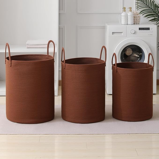 Laundry Basket Hamper Tall Rope Storage Woven for Blanket toys Dirty Clothes in Living Room Bathroom Bedroom (Dark Brown, 100L/26.4Gal)