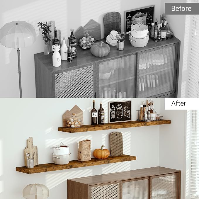 Vivelove Deep Floating Shelves 72x12” Set of 1, Rustic Brown | Easy Install With Hardware, 2" Thick, Invisible Brackets, Wall Mounted, No Sagging, For Any Room