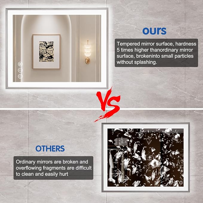48x32 Inch LED Bathroom Mirror with Silver Frame | Silver Metal Frame, Front and Backlit, 3 Colors, Dimmable, Memory, Anti Fog, Tempered Glass, Lighted Mirror for Wall