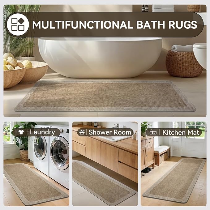 Bathroom Runner Rug, Long Thin Bath Mat Fit Under Door, Brown 24x48 | Quick Dry Absorbent, Rubber Backing Washable Large Bathmat, Shower Mat for Bathroom Floor, Tub and Outside Shower, Home Decor