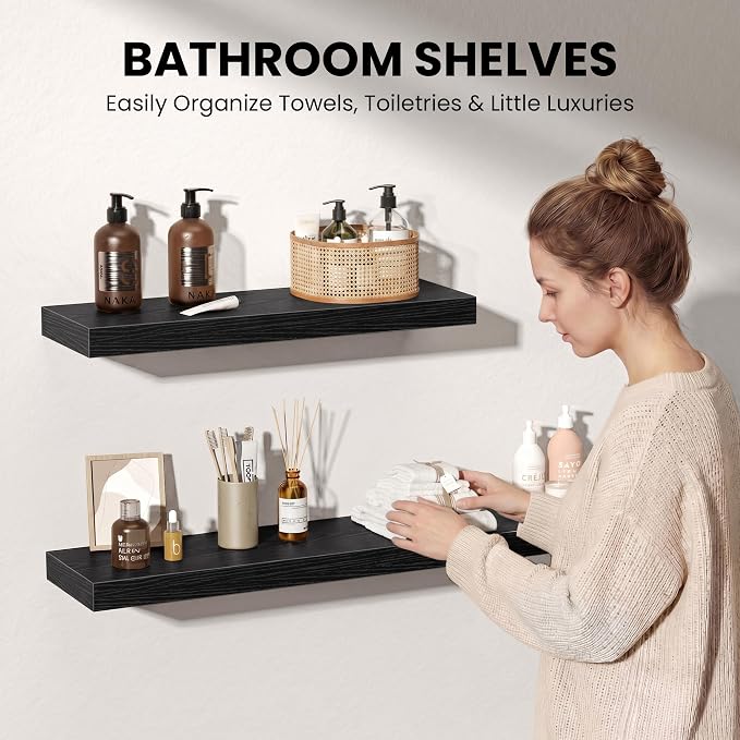 Fun Memories 72 Inch Floating Shelves for Wall 8 Inch Deep Black Shelves Set of 2, Wall Mounted Rustic Wood Long Floating Shelf, Large Display & Storage Shelf with Invisible Brackets