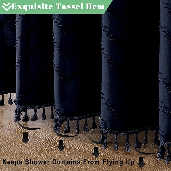 Extra Long Navy Blue Boho Shower Curtain, Chic Tufted Chevron Striped Textured Fabric Cloth Shower Curtains with Tassel for Bathroom, Soft Hotel Style Farmhouse, Machine Washable, 72x84