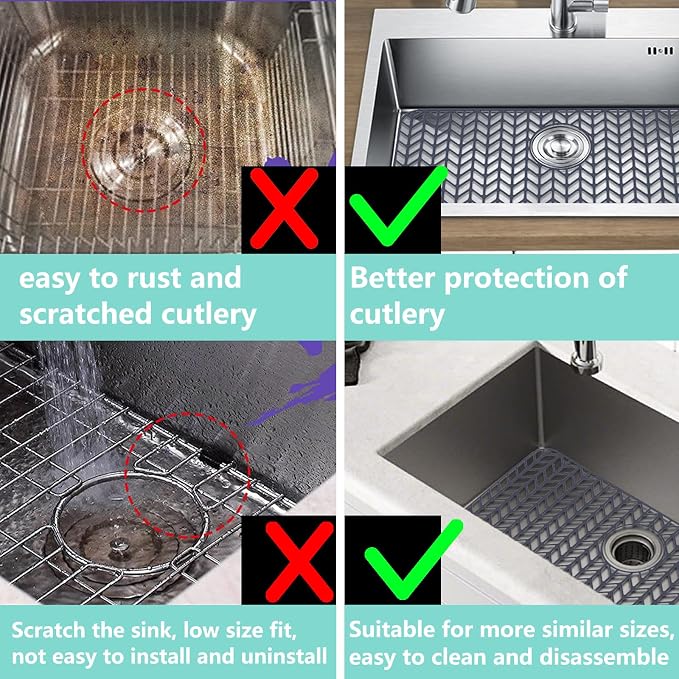 AWOKE Sink Protectors for Kitchen Sink - 24"x 12.5" Sink Mat - Heat resistant Easy-clean Silicone Sink Mat - for Protection of Stainless Steel Sink - with 3 Reserved Holes (Grey)