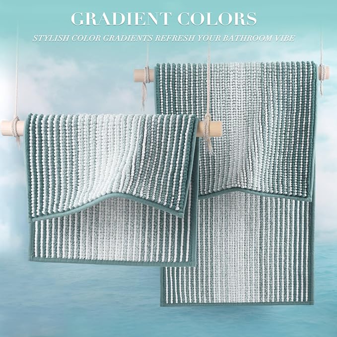 Bathroom Rugs and Mats Sets, 2 Piece Thick Absorbent Chenille Bath Mat Rug Set Non Slip, Soft Shaggy Bath Room Floor Mats for Bathroom, Machine Washable (Sea Green, 20" x 60" Plus 20" x 32")