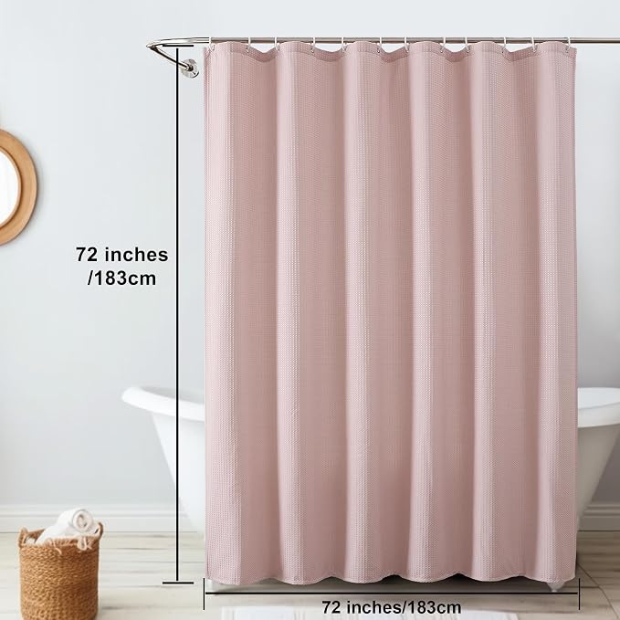Blush Pink Shower Curtain Set, Waffle Textured Heavy Duty Fabric Shower Curtain for Bathroom, Luxury Hotel Weighted 230GSM Waterproof Bath Curtain with 12 Plastic Hooks, Machine Washable, 72x72