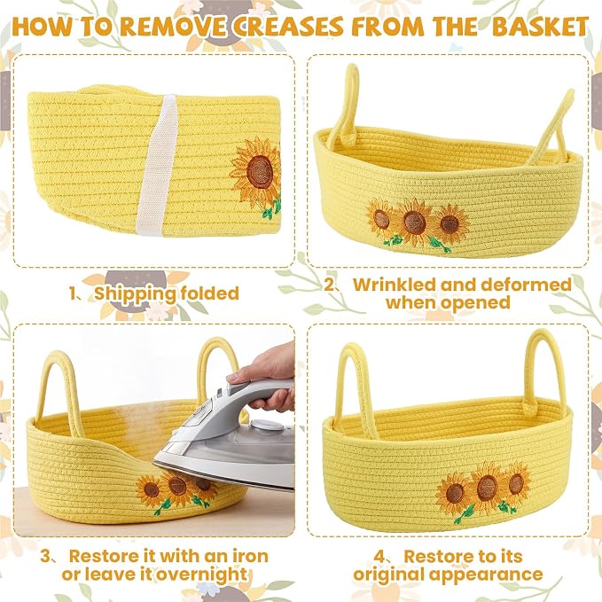 Vesici Sunflower Basket Yellow Woven Cotton Rope Bathroom Organizer | Boho Decor for Toilet Tank Top, Nursery Toys, Bedroom Countertop, Woven Organizer with Handles, 13x6x4 Inch