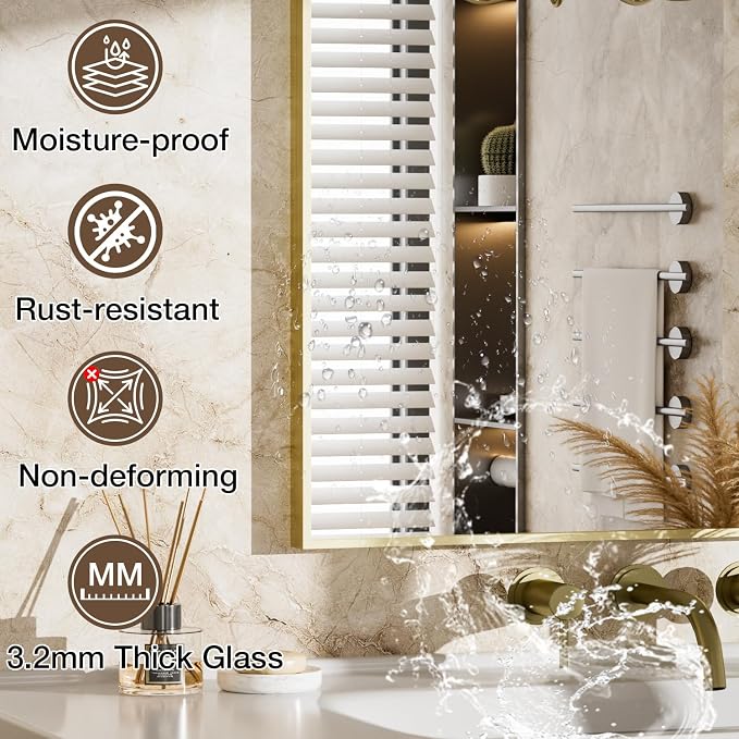 24"x36" Bruhed Gold Rectangle Vanity Bathroom Mirror, Set of 2 | Aluminum Alloy Frame, Clear Reflection, Rust-Resistant, Vertical or Horizontal, Wall Mount, Bedroom and Entryway