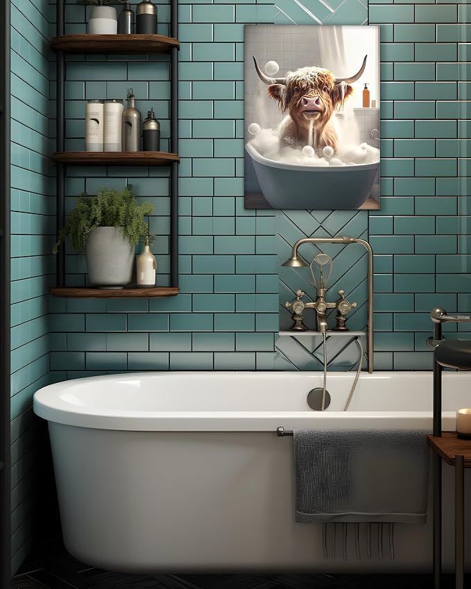 UPWOIGH Highland Cow Bathroom Wall Art, 12 x 16 Inch Wrapped Canvas | Playful Bathtub Scene with Bubbles, Warm Farm Animal Decor for Guest Bath, Powder Room, Restroom or Small Wall Space
