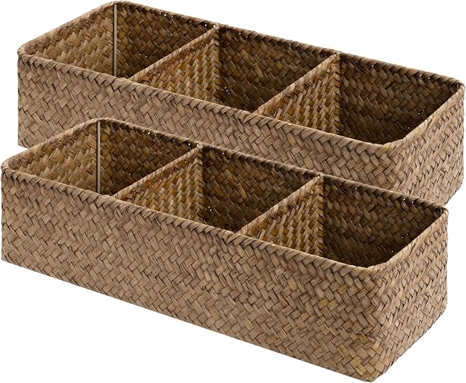 StorageWorks Toilet Paper Basket with Lid, Back of Toilet Baskets, Seagrass | Wicker Basket, Toilet Paper Storage for Back of Toilet Tank, Woven Baskets for Shelves, Wicker Baskets with 3 Compartments