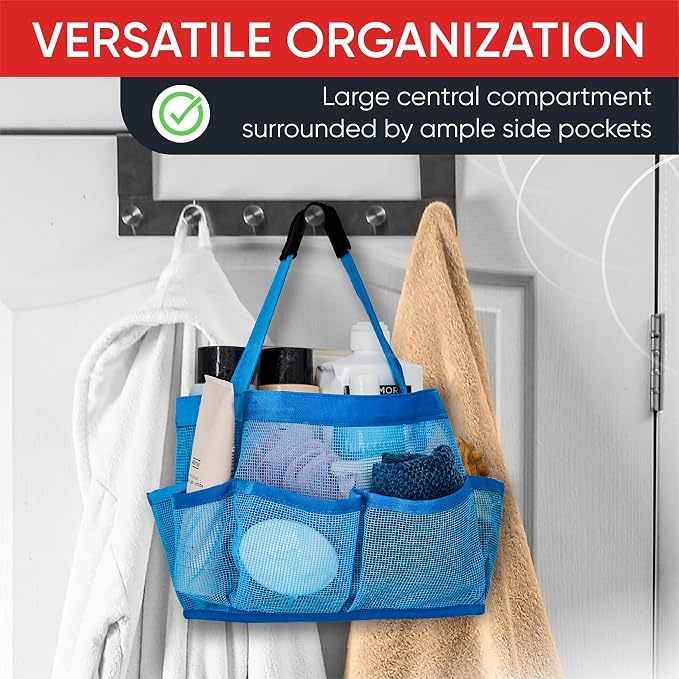 Masirs Mesh Shower Caddy – 9 Pocket Portable Shower Tote Bag for College Dorm Room Essentials, Quick-Dry Bathroom Organizer for Travel, Gym, Camping, Beach – Lightweight Collapsible Blue