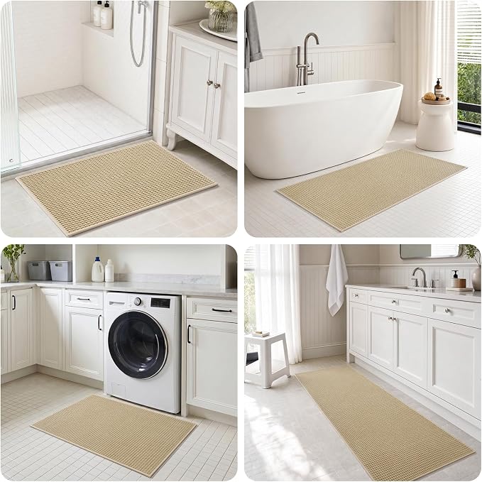 tchdio Bath Mat, Absorbent Bathroom Mat Quick Dry, Thin Bathroom Rugs Fit Under Door, Non Slip Washable Bath Rugs with Solid Rubber Backing, Low Profile Bath Mats for Bathroom, Beige, 24" x 36"