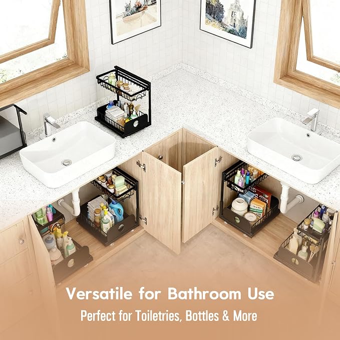 Under Sink Organizer, 2 Pack Under Kitchen Cabinet Organizer, Height Adjustable Pull Out Mute Slide-Out 2 Tier Metal Under Sink Storage for Bathroom, Pantry, Kitchen & Bedroom (Black, 2 Pack)