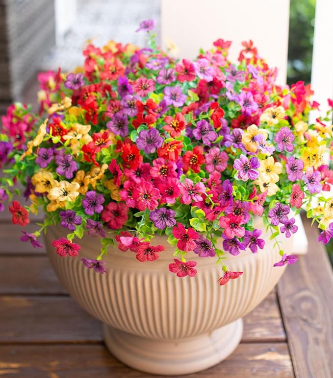 Artificial Flowers for Outdoor Indoor Garden Home Decoration, Faux Flower Daisy with Eucalyptus Leaves Fake Plants Greenery Boxwood Porch Patio, 12 Bundles (Mix Pink Red Purple Yellow)