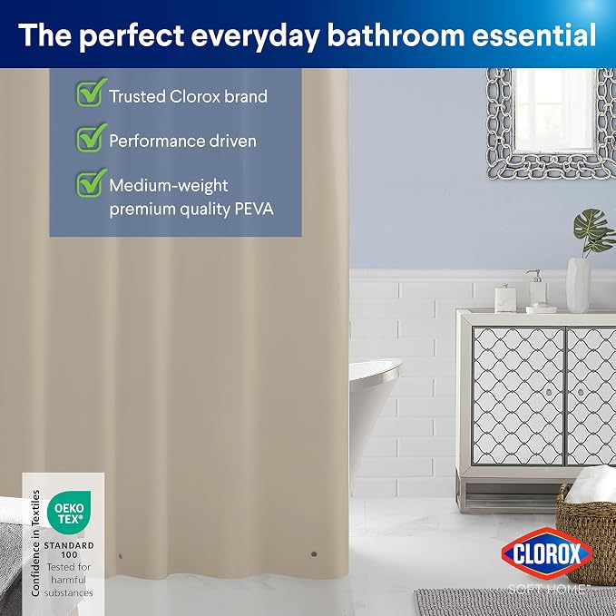 Clorox Shower Curtain Liner, Premium Colored Medium-Weight Durable Waterproof 6g PEVA for Bathroom with Weighted Magnets, Standard Size 72" x 72", Tan
