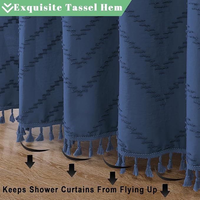 Extra Long Dusty Blue Boho Shower Curtain, Chic Tufted Chevron Striped Textured Fabric Cloth Shower Curtains with Tassel for Bathroom, Soft Hotel Style Farmhouse, Machine Washable, 72x84