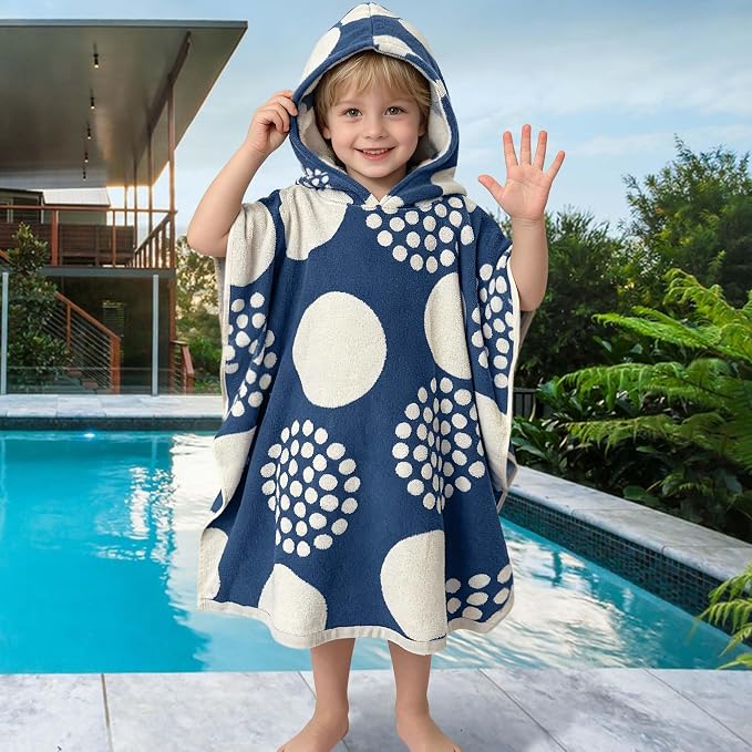 VOOVA & MOVAS Kids Hooded Poncho Towel, 4-8 Years, 100% Cotton, Soft, Blue Dot
