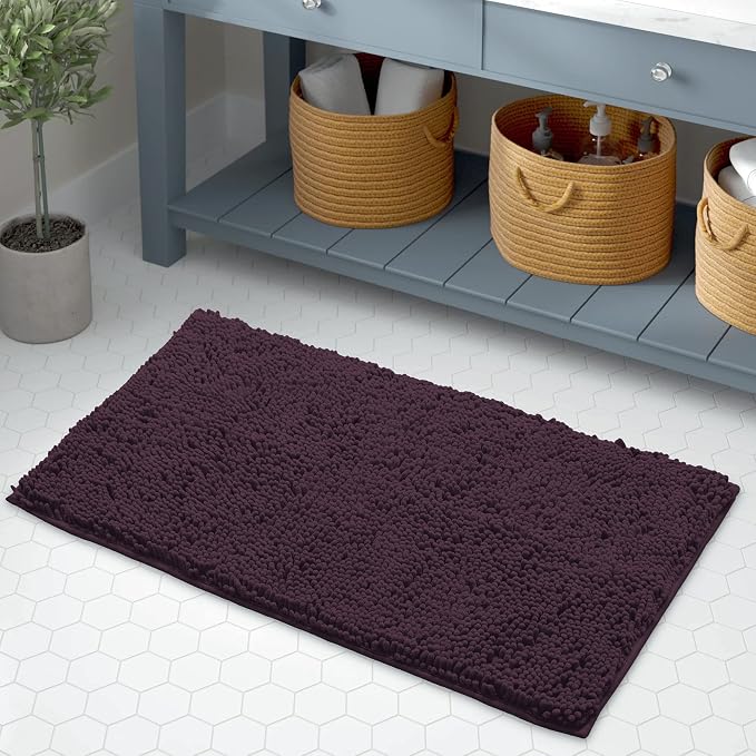 LuxUrux Bath Mat, Extra-Soft Plush Non-Slip Bathroom Rug, Luxury Chenille Microfiber Material, Super Absorbent Shaggy Bath Rug. Machine Wash & Dry (17 x 24 inches, Plum)