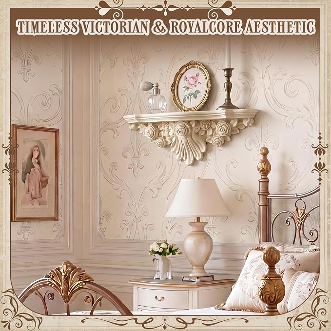 Pinkunn 17" Vintage Antique White Floating Wall Shelf | French Country Style Fleur De Lis Victorian Baroque Decorative Ledge, Gothic Wall Decor for Living Room, Bedroom & Entryway