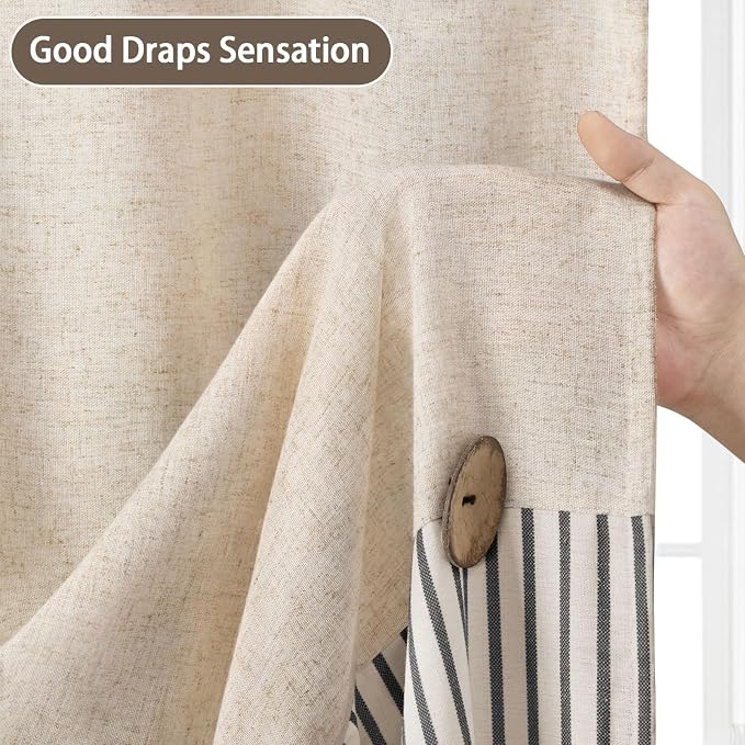 Farmhouse Shower Curtain Linen Button Black Stripe 72" W x 72" L | Farmhouse Style, Chic Button, Striped, Linen Fabric, Rustic, Country, Natural Look, Washable, for Bathroom Bathtub