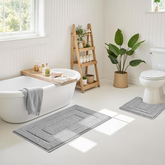 GRANNY SAYS Gray Bathroom Runner Rug 24" x 43", Soft Microfiber Bath Mat | Non-Slip long rug with TPR Backing, Absorbent, Machine Washable Extra Large Bath Rugs for Double Vanity, Shower, Tub