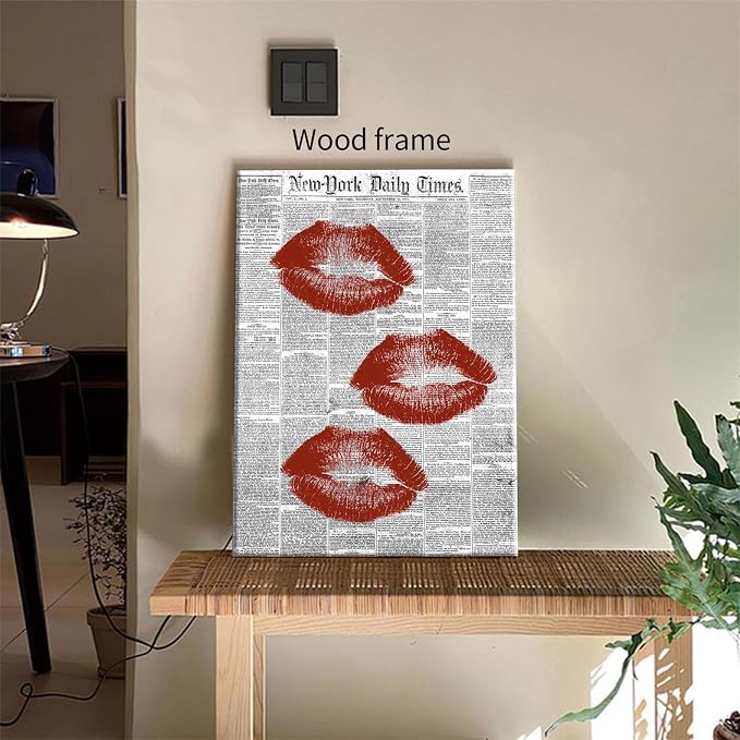 Black White Newspaper Canvas Wall Art Fashion Red Kiss Lips Aesthetic Poster 08x10 inch Framed Trendy Girly Sexy Canvas Prints for Bar Cart Makeup Room Wall Decor