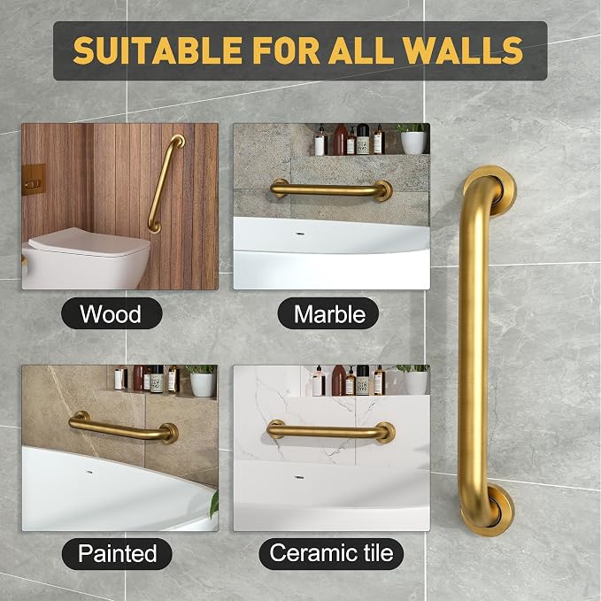 18" Shower Grab Bar, 500 lb Heavy Duty Brushed Gold Stainless Steel | Grab Bars for Bathtubs and Showers, Bathroom Grab Bar,Safety Shower Handle,Handicap Elderly Injury Senior Assist Bath Handle