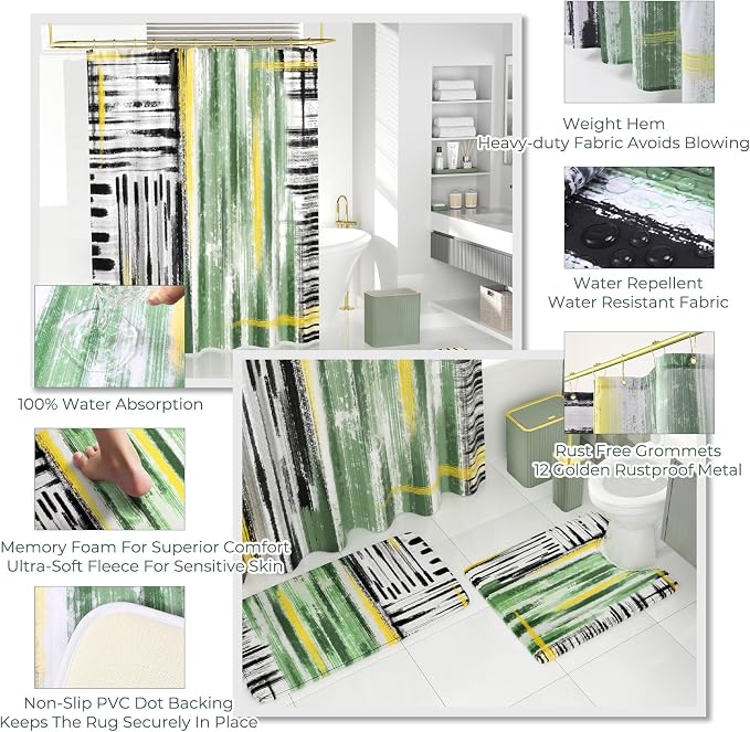 Bathroom Set - Bathroom Accessory Set, Sage Green Bathroom Set, 26PC Bathroom Sets with Shower Curtain and Rugs, Toilet Brush, Trash Can, Qtip Holder & Bathroom Soap Dispenser Set