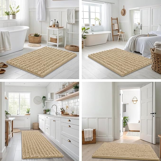 Smiry Bathroom Rugs 30X20, Extra Soft Rubber Backing Chenille Bath Mats | Beige Machine Washable Non Slip Quick Dry Bath Mats for Bathroom Floor, Tub, Shower, Home Decor Accessories