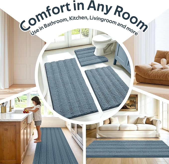 SmileYes Striped Haze Blue Bathroom Rug Set 3 Pieces Ultra Soft, Non Slip Chenille Bath Carpet, Absorbent Plush Shaggy Bath Mats for Bathroom, Bedroom, Stone Blue