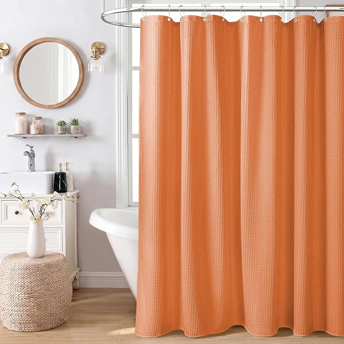 Extra Long Waffle Shower Curtain 256 GSM Fabric 72x84 Burnt Orange | 84 Inch Long, Thick Polyester Cloth, Weighted Hem, Water Repellent, Washable, Tall Hotel Bathroom Shower Curtain Set 12 Hooks