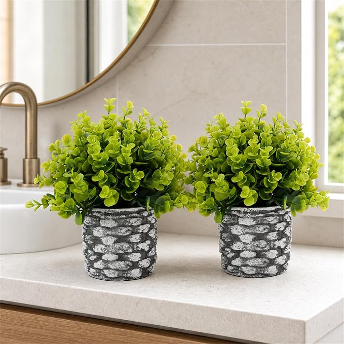 ALAGIRLS 2 Pack 10.38" Fake Plants Artificial Indoor Decor | Eucalyptus Fake Plants, for Desk Farmhouse Bathroom Office Kitchen Coffee Table Decor Indoor