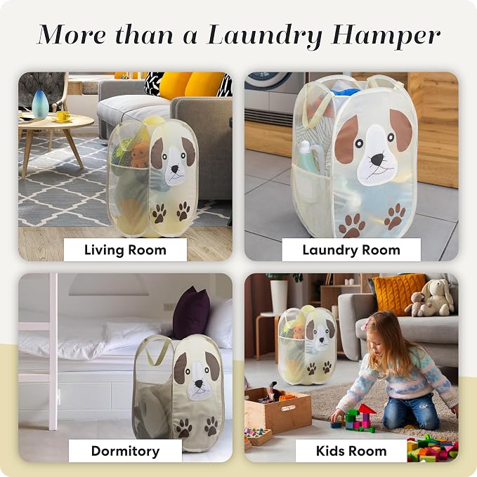 Pop Up Laundry Hamper, Cute Puppy 71L Collapsible Mesh Basket with Handles | Collapsible Mesh Pop Up Hamper, Wide Opening, Side Pocket, Breathable, Sturdy, Foldable, Space-Saving for Clothes Storage