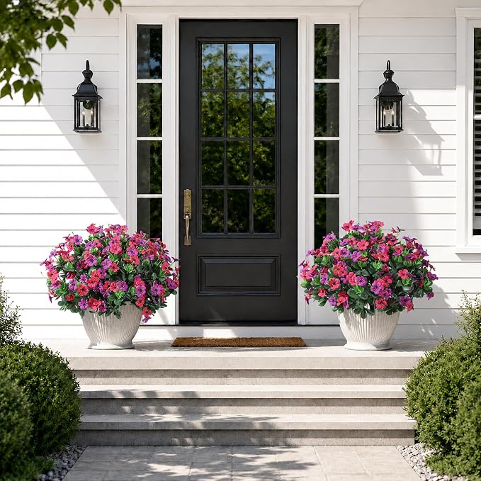 Artificial Flowers for Outdoor Indoor Garden Home Decoration, Faux Flower Daisy with Fabric Azalea Leaves Fake Plants Greenery Porch Patio, 4 Bundles (Purple Pink)