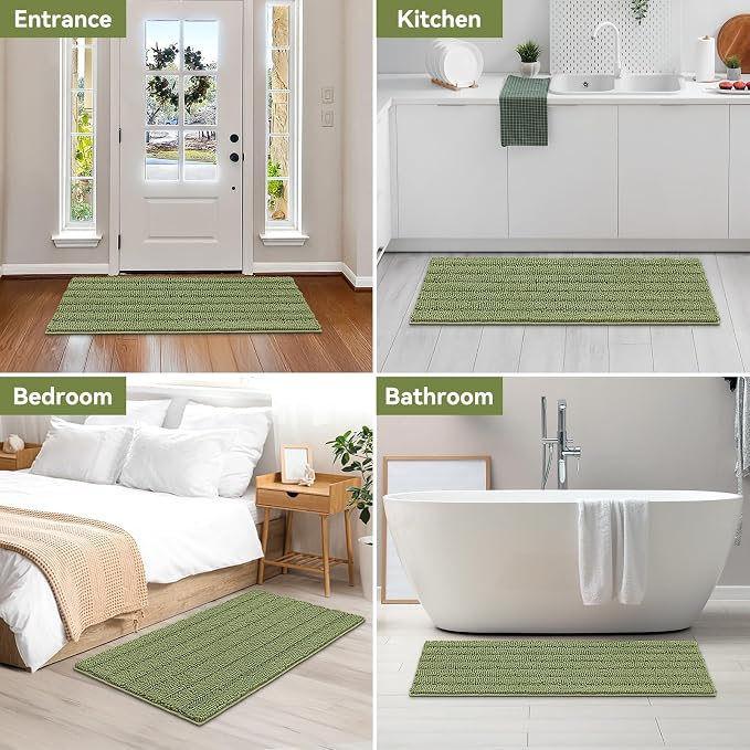 Bcoimo Bath Rug Mat,Sage Chenille High Absorbent Long Bathroom Runner Rugs | Non Slip with Rubber Back Bathroom Mat For Floor,Tub,Shower; Extra Soft mat; Quick Dry 48x24 Microfiber mat; Machine Washable