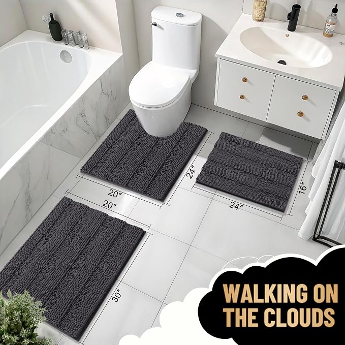 OLANLY Thick Large Bathroom Rugs 47x32, Soft Chenille Bath Rugs, Dark Grey | Absorbent Striped, Rubber Backing, Machine Wash Dry, Bath Mats for Bathroom Floor, Tub and Shower, Home Decor Accessories