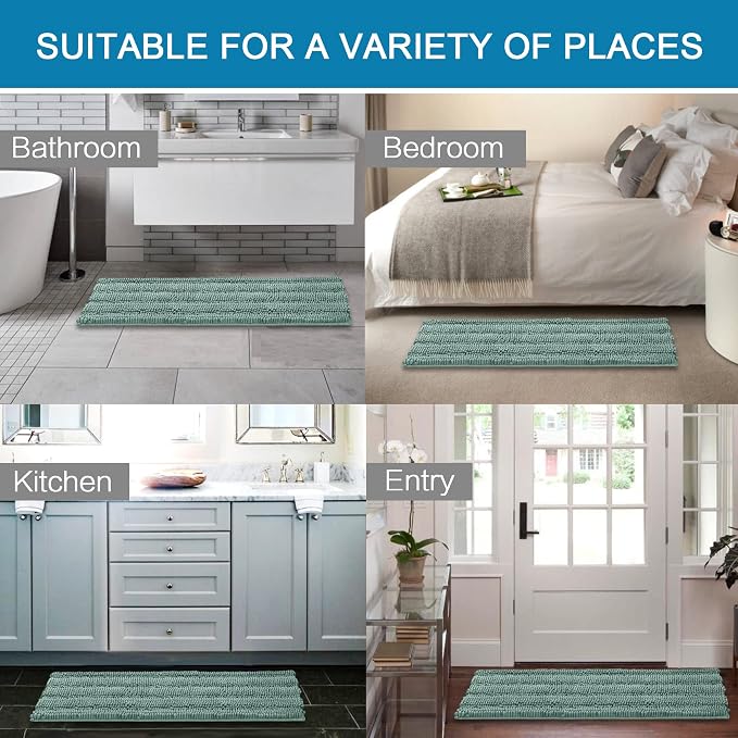 H.VERSAILTEX Bath Rugs for Bathroom Non Slip Bath Mats Extra Thick Chenille Striped Bath Rug Runners 47" x 17" Absorbent Fluffy Soft Shaggy Mats Plush Area Carpet for Bath Room - Eggshell Blue